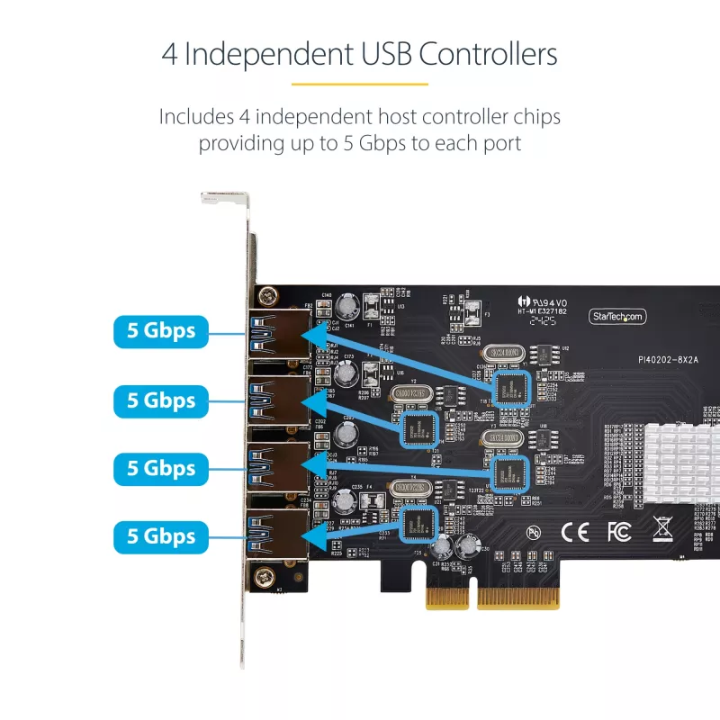 StarTech.com Placa PCIe USB de 4 portas, USB 3.2 5 Gbit/s, placa de expansão PCI Express com 4 controladores USB independentes, 4 portas USB-A, Windows/macOS/Linux