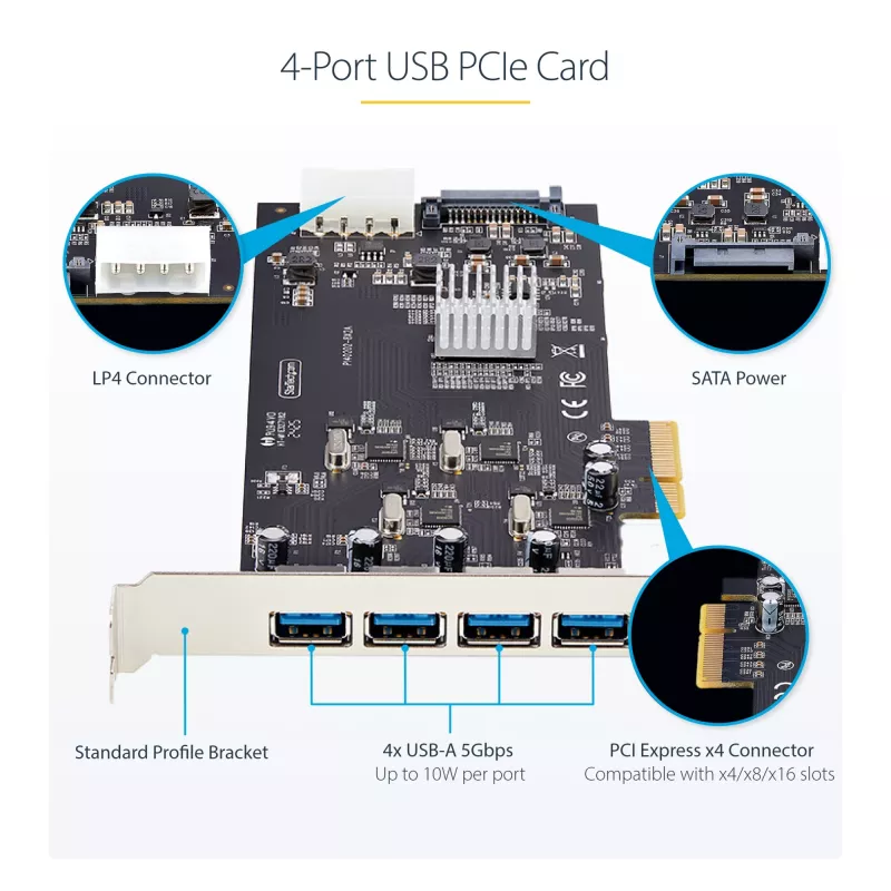 StarTech.com Placa PCIe USB de 4 portas, USB 3.2 5 Gbit/s, placa de expansão PCI Express com 4 controladores USB independentes, 4 portas USB-A, Windows/macOS/Linux