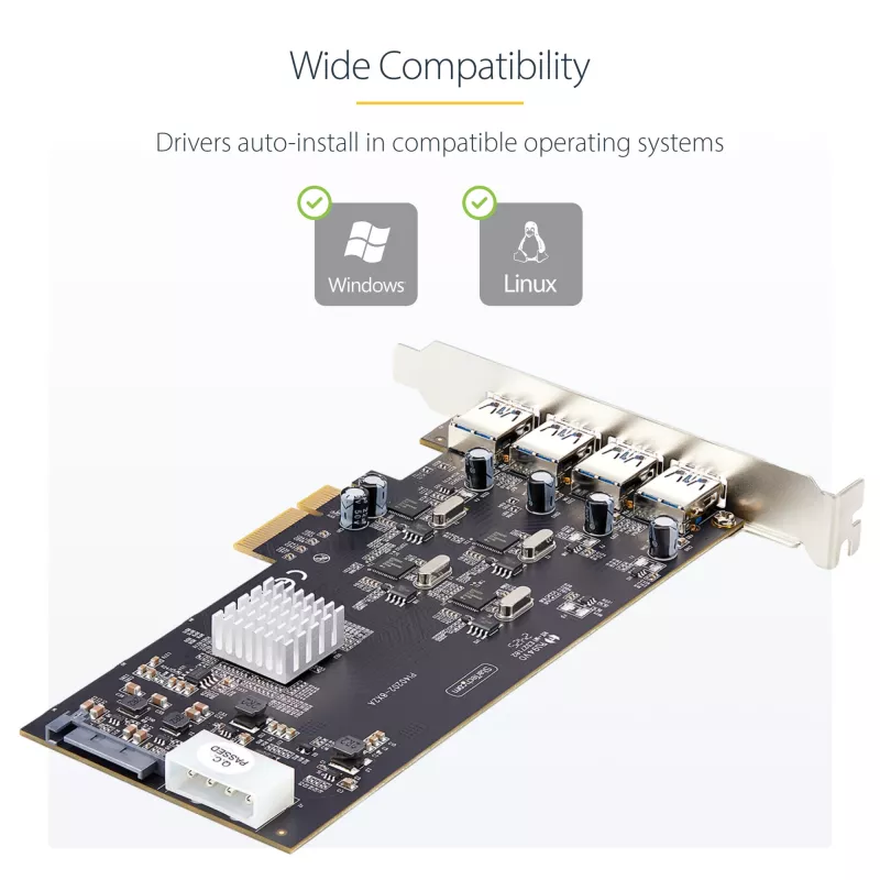 StarTech.com Placa PCIe USB de 4 portas, USB 3.2 5 Gbit/s, placa de expansão PCI Express com 4 controladores USB independentes, 4 portas USB-A, Windows/macOS/Linux