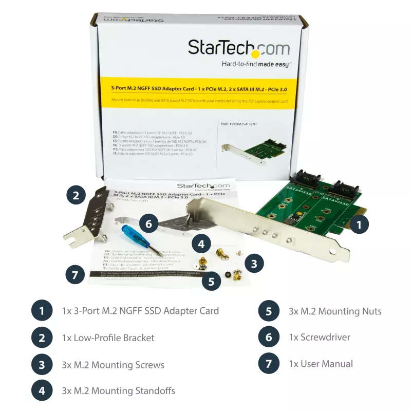 StarTech.com placa adaptadora M.2 SSD (NGFF) de 3 portas – 1 x PCIe (NVMe) M.2, 2 x SATA III M.2 – PCIe 3.0
