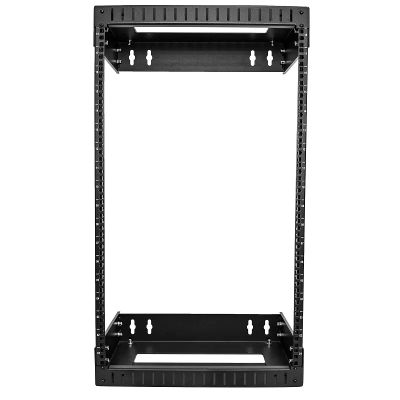 StarTech.com rack de rede de parede 18U 19 polegadas – profundidade ajustável 12-20 polegadas 2 postes open frame rack para sala de servidores para AV/dados/IT/comunicação/equipamentos informáticos/switch com porcas gaiola e parafusos