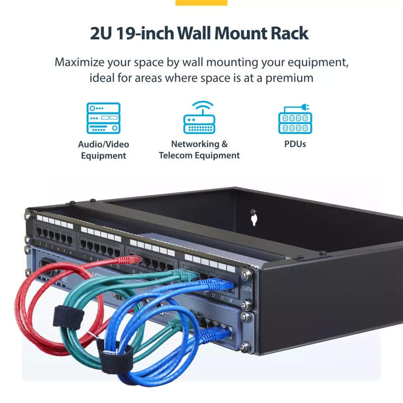 StarTech.com armário de rede de parede 2U – 14 polegadas de profundidade (perfil baixo) – suporte para patch panel 19 polegadas para servidores planos, equipamentos de IT, switches de rede – capacidade de carga 35 kg, preto