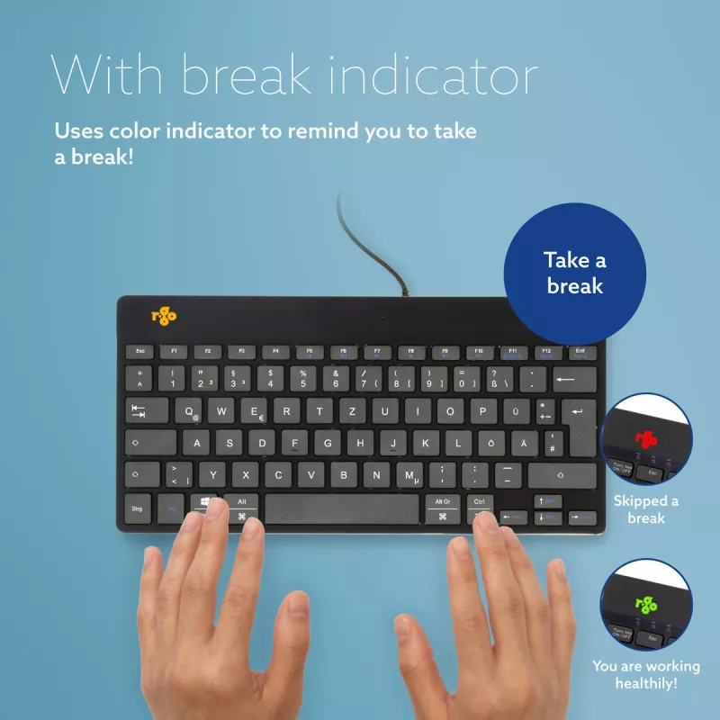 Teclado ergonómico R-Go Tools R-Go Compact Break, teclado compacto com software de pausas, QWERTZ (DE), com fios, preto