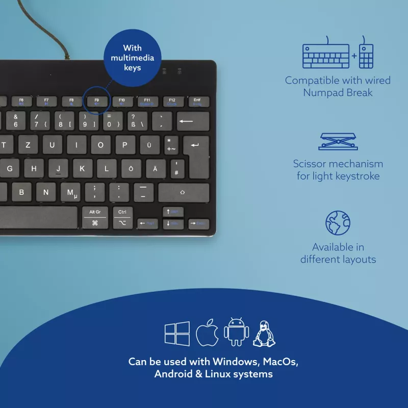 Teclado ergonómico R-Go Tools R-Go Compact Break, teclado compacto com software de pausas, QWERTZ (DE), com fios, preto