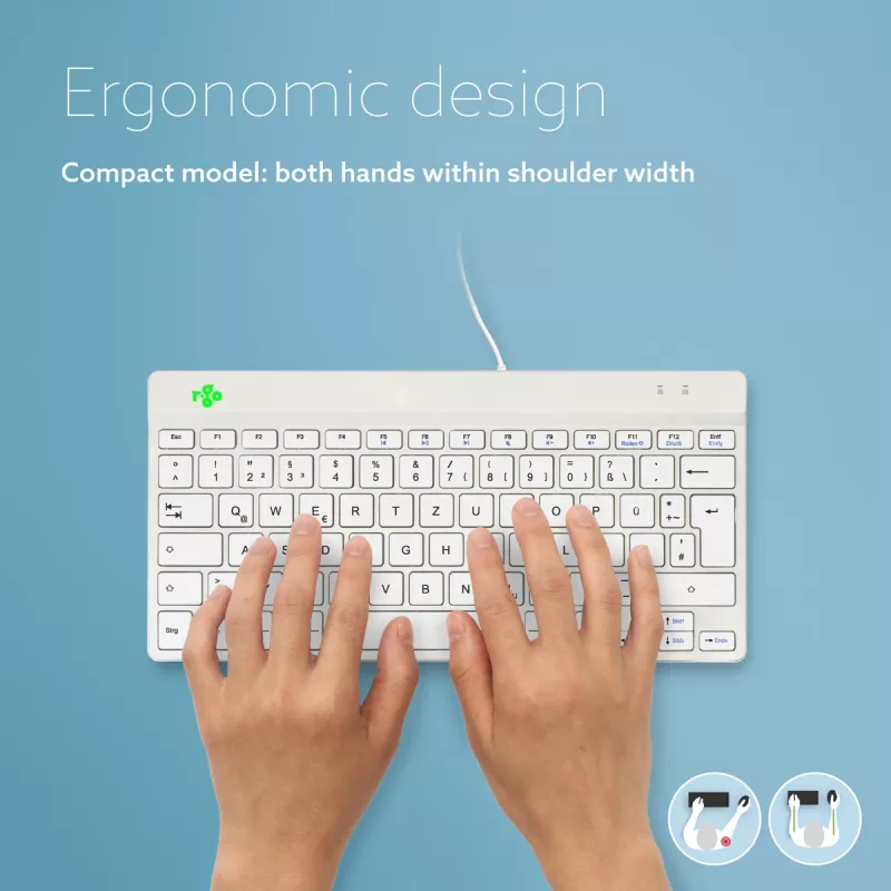 Teclado ergonómico R-Go Tools R-Go Compact Break, teclado compacto com software de pausas, QWERTZ (DE), com fios, branco