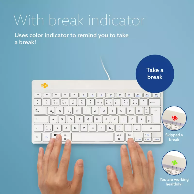 Teclado ergonómico R-Go Tools R-Go Compact Break, teclado compacto com software de pausas, QWERTZ (DE), com fios, branco