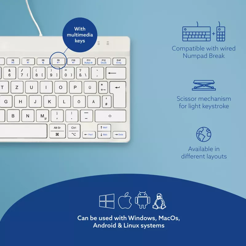 Teclado ergonómico R-Go Tools R-Go Compact Break, teclado compacto com software de pausas, QWERTZ (DE), com fios, branco