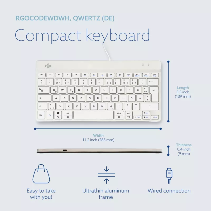 Teclado ergonómico R-Go Tools R-Go Compact Break, teclado compacto com software de pausas, QWERTZ (DE), com fios, branco