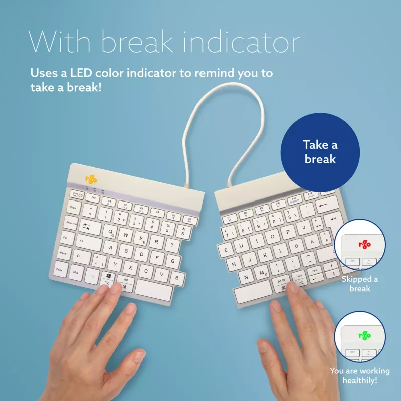 Teclado ergonómico R-Go Tools R-Go Split Break com software de pausas, teclado dividido ergonómico, QWERTZ (DE), Bluetooth, branco