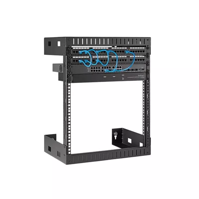 StarTech.com Armário de rede de montagem na parede 12HE 19 polegadas – 12 polegadas de profundidade, armário de servidor open-frame de 2 postes para equipamento de dados/AV/IT/informática/patch panel com porcas gaiola e parafusos, capacidade de carga 90 kg, preto (RK12WALLO)