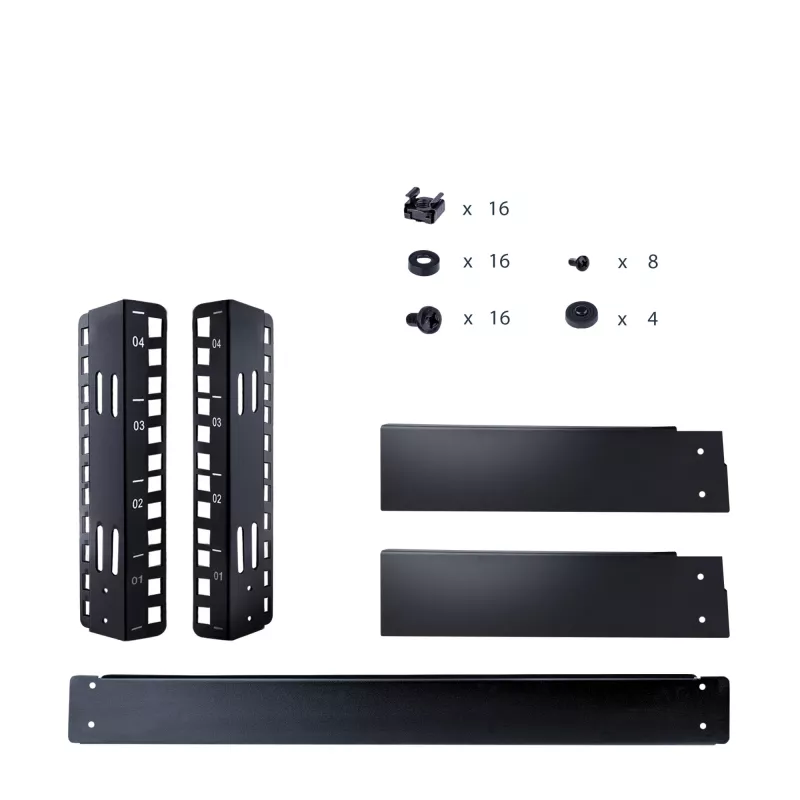 StarTech.com Rack de servidor de secretária de 2 postes 4HE, pequeno rack de computador aberto de 19 polegadas, rack de rede compacto para equipamento AV/estúdio/dados/IT – rack de dois postes autónomo para casa/escritório