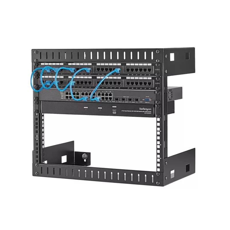 Rack de rede de montagem na parede StarTech.com 8U 19 polegadas – rack de sala de servidores open-frame de 2 postes com 12 polegadas de profundidade para equipamento de dados/AV/IT/informática/painel de ligação com porcas gaiola e parafusos, 135 lb de capacidade, preto (RK812WALLO)