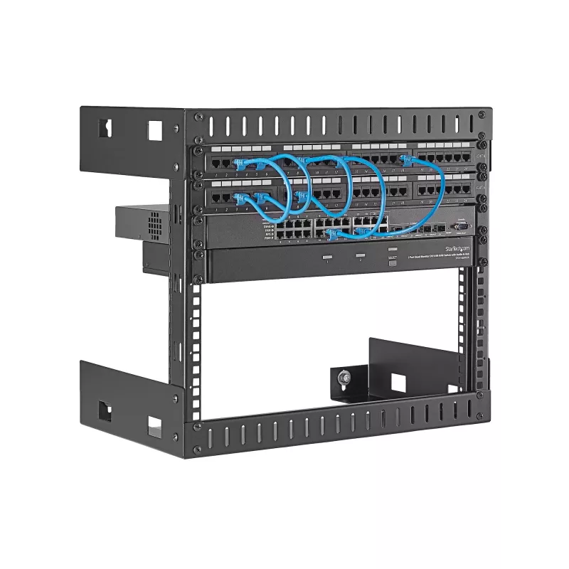 Rack de rede de montagem na parede StarTech.com 8U 19 polegadas – rack de sala de servidores open-frame de 2 postes com 12 polegadas de profundidade para equipamento de dados/AV/IT/informática/painel de ligação com porcas gaiola e parafusos, 135 lb de capacidade, preto (RK812WALLO)