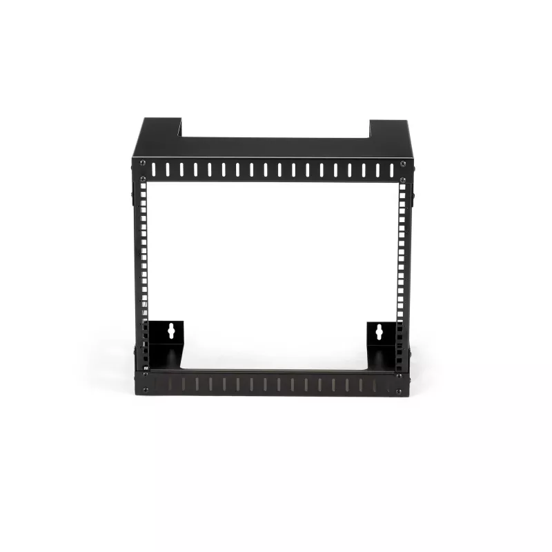 Rack de rede de montagem na parede StarTech.com 8U 19 polegadas – rack de sala de servidores open-frame de 2 postes com 12 polegadas de profundidade para equipamento de dados/AV/IT/informática/painel de ligação com porcas gaiola e parafusos, 135 lb de capacidade, preto (RK812WALLO)