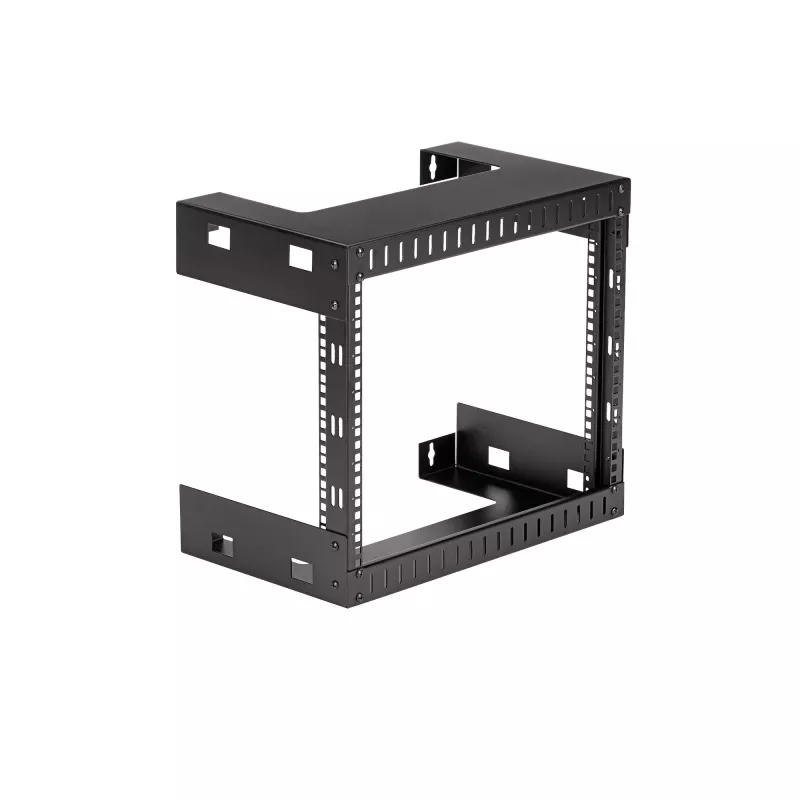 Rack de rede de montagem na parede StarTech.com 8U 19 polegadas – rack de sala de servidores open-frame de 2 postes com 12 polegadas de profundidade para equipamento de dados/AV/IT/informática/painel de ligação com porcas gaiola e parafusos, 135 lb de capacidade, preto (RK812WALLO)