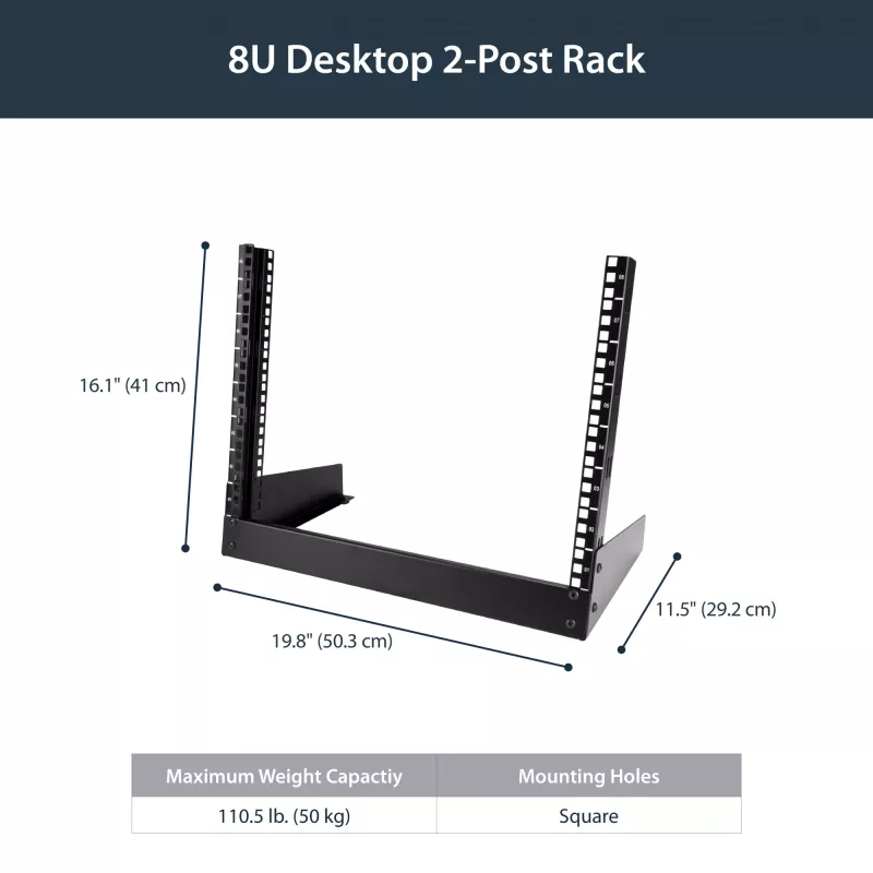Rack de servidor de secretária StarTech.com 2 postes 8U, rack de computador 19 polegadas open-frame pequeno, rack de rede compacto para equipamento AV/estúdio/dados/IT – rack de dois postes autónomo para casa/escritório