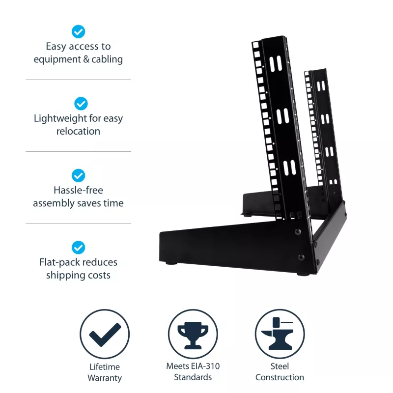 Rack de servidor de secretária StarTech.com 2 postes 8U, rack de computador 19 polegadas open-frame pequeno, rack de rede compacto para equipamento AV/estúdio/dados/IT – rack de dois postes autónomo para casa/escritório