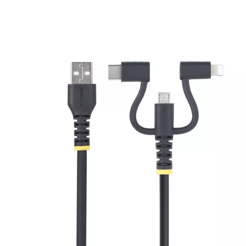 Cabo de carregamento múltiplo USB robusto StarTech.com de 1m, USB para Lightning/Micro-USB/Type-C, certificado Apple MFi, revestimento em aramida, cabo de carregamento USB universal 3 em 1 para iPhone/iPad/Android