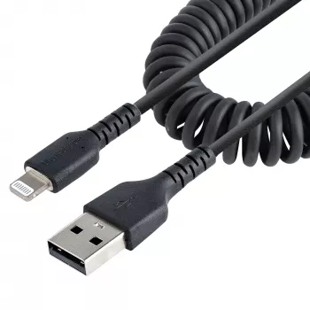 Cabo USB para Lightning StarTech.com de 1 m (3ft), certificado MFi, cabo de carregamento em espiral para iPhone, preto, revestimento TPE resistente com fibra de aramida, cabo Lightning em espiral robusto