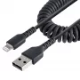 Cabo USB para Lightning StarTech.com de 1 m (3ft), certificado MFi, cabo de carregamento em espiral para iPhone, preto, revestimento TPE resistente com fibra de aramida, cabo Lightning em espiral robusto