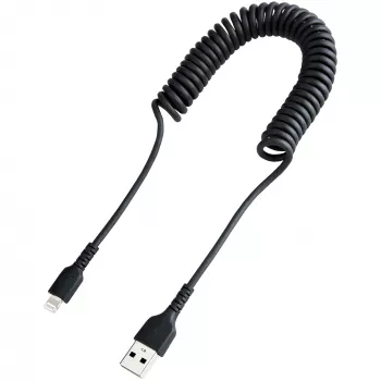 Cabo USB para Lightning StarTech.com de 1 m (3ft), certificado MFi, cabo de carregamento em espiral para iPhone, preto, revestimento TPE resistente com fibra de aramida, cabo Lightning em espiral robusto