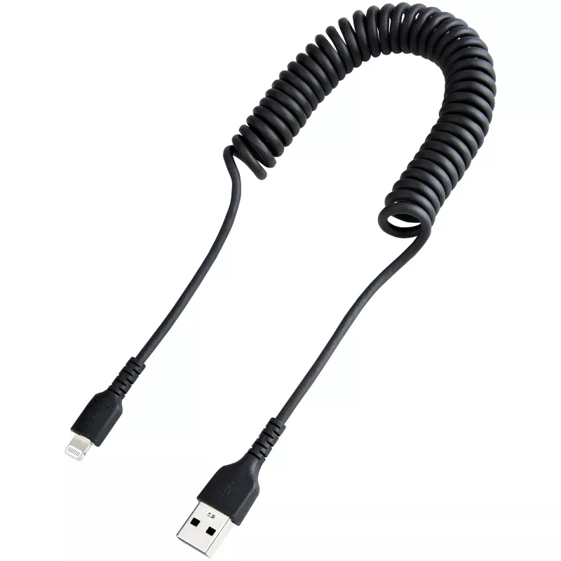 Cabo USB para Lightning StarTech.com de 1 m (3ft), certificado MFi, cabo de carregamento em espiral para iPhone, preto, revestimento TPE resistente com fibra de aramida, cabo Lightning em espiral robusto