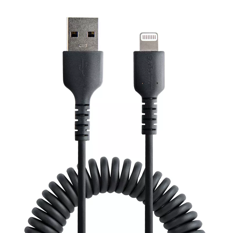Cabo USB para Lightning StarTech.com de 1 m (3ft), certificado MFi, cabo de carregamento em espiral para iPhone, preto, revestimento TPE resistente com fibra de aramida, cabo Lightning em espiral robusto