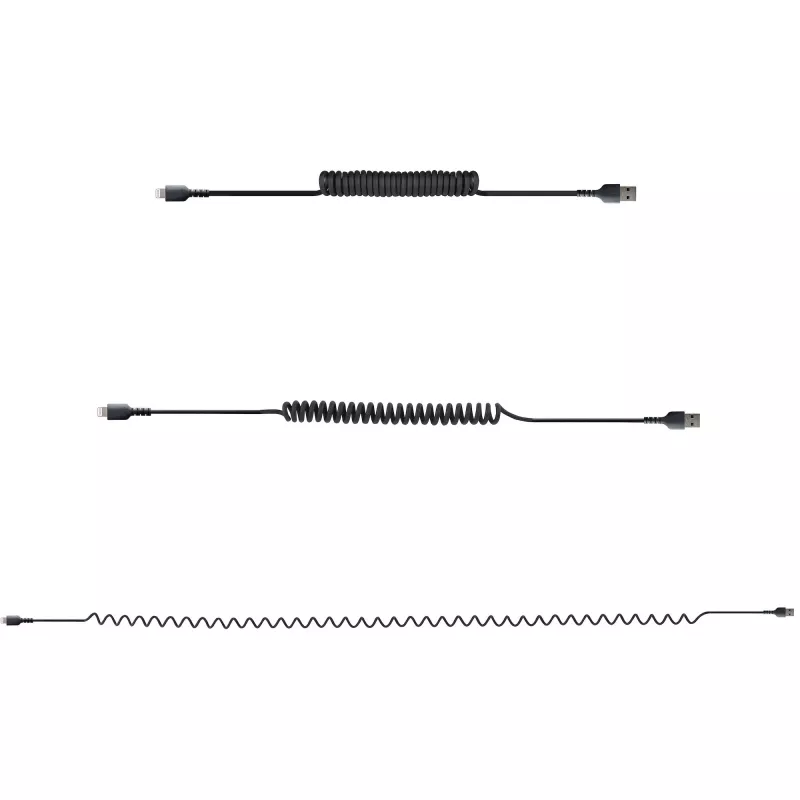 Cabo USB para Lightning StarTech.com de 1 m (3ft), certificado MFi, cabo de carregamento em espiral para iPhone, preto, revestimento TPE resistente com fibra de aramida, cabo Lightning em espiral robusto