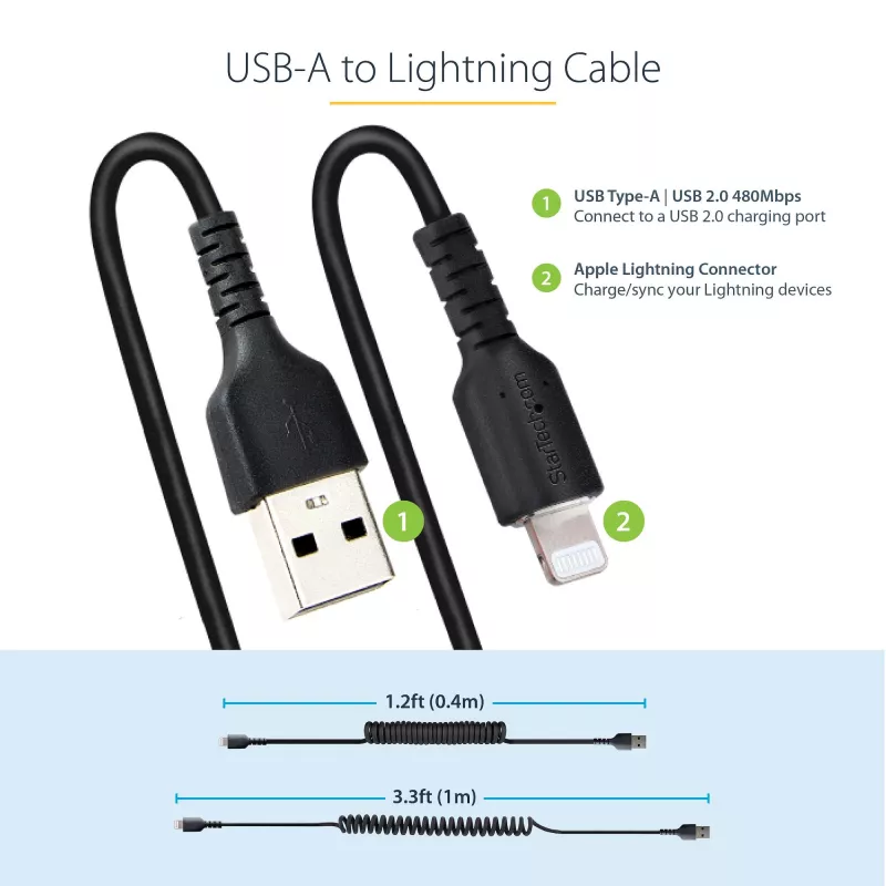 Cabo USB para Lightning StarTech.com de 1 m (3ft), certificado MFi, cabo de carregamento em espiral para iPhone, preto, revestimento TPE resistente com fibra de aramida, cabo Lightning em espiral robusto