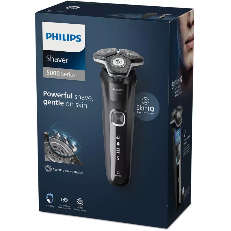 Máquina de barbear rotativa elétrica Philips Series 5000 S5898/35 — 3 cabeças de corte, molhado e seco, lâminas SteelPrecision, 60 min sem fios