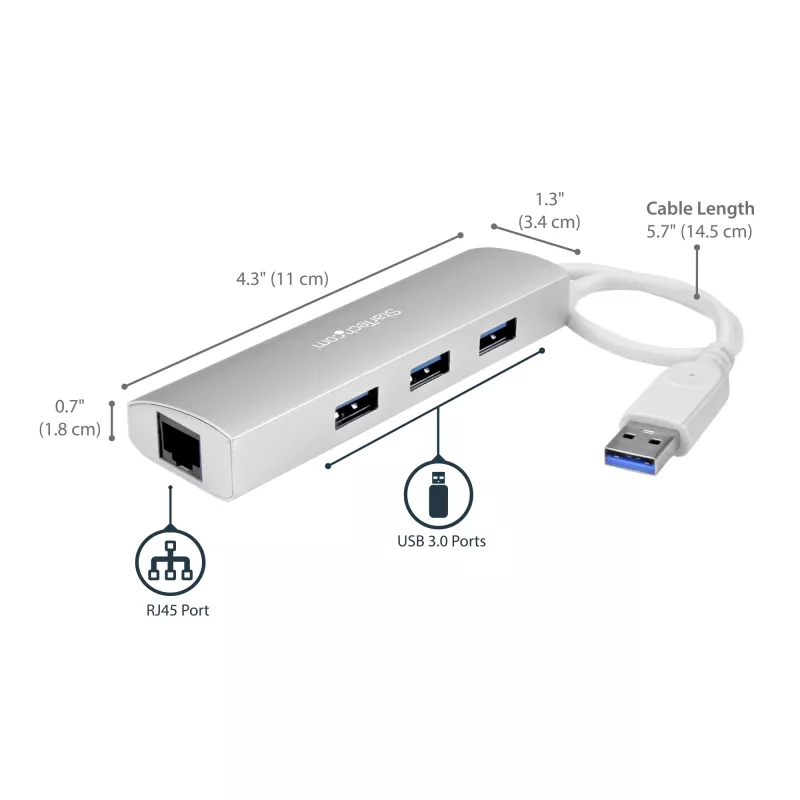 Hub USB 3.0 StarTech.com 3 portas portátil com Gigabit Ethernet - cabo integrado~Hub USB 3.0 3 portas portátil com Gigabit Ethernet - 5 Gbit/s - cabo integrado