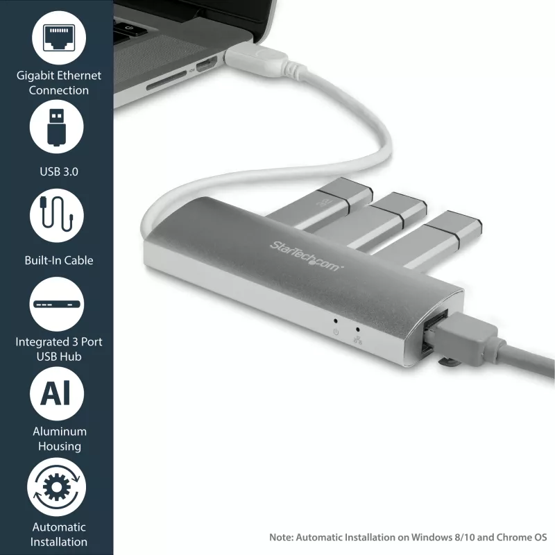 Hub USB 3.0 StarTech.com 3 portas portátil com Gigabit Ethernet - cabo integrado~Hub USB 3.0 3 portas portátil com Gigabit Ethernet - 5 Gbit/s - cabo integrado