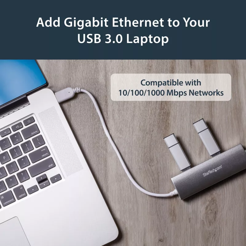 Hub USB 3.0 StarTech.com 3 portas portátil com Gigabit Ethernet - cabo integrado~Hub USB 3.0 3 portas portátil com Gigabit Ethernet - 5 Gbit/s - cabo integrado