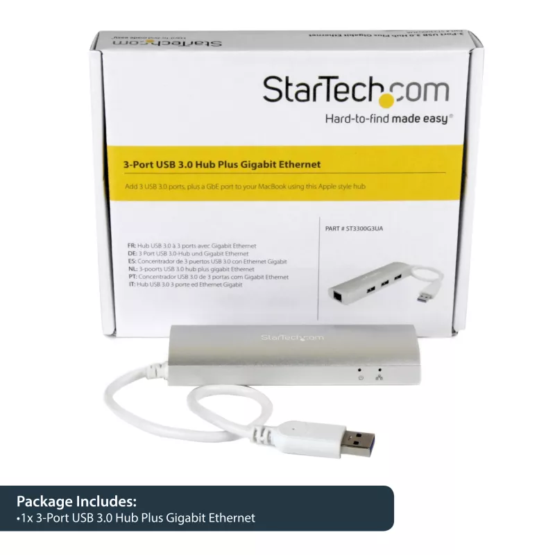 Hub USB 3.0 StarTech.com 3 portas portátil com Gigabit Ethernet - cabo integrado~Hub USB 3.0 3 portas portátil com Gigabit Ethernet - 5 Gbit/s - cabo integrado