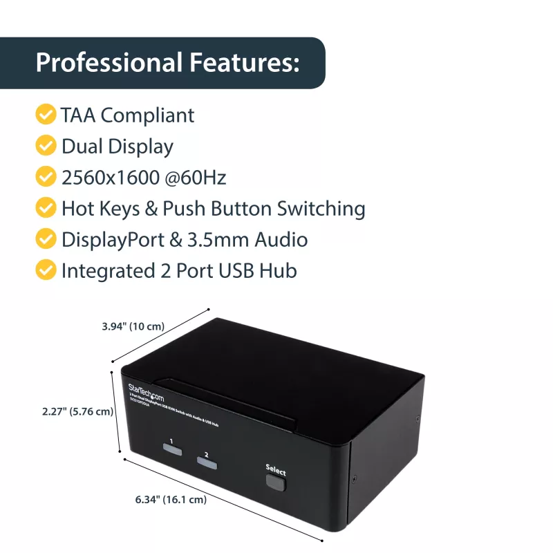 Comutador KVM USB StarTech.com 2 portas Dual DisplayPort com áudio e hub USB 2.0