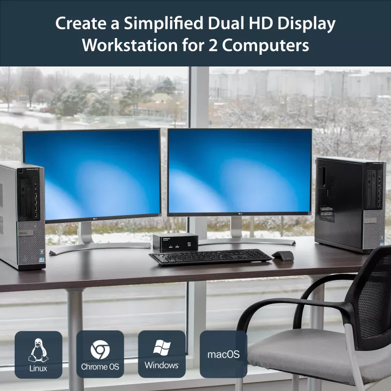 Comutador KVM USB StarTech.com 2 portas Dual DisplayPort com áudio e hub USB 2.0