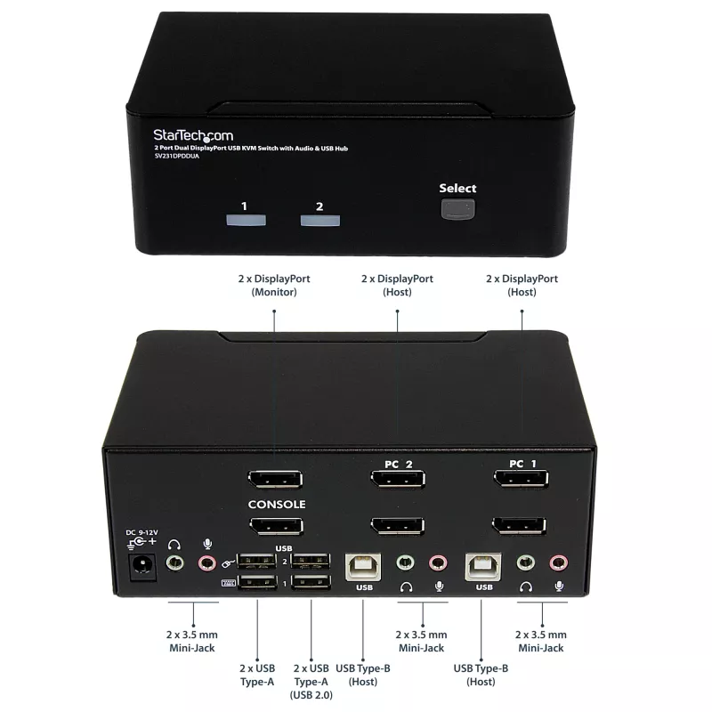 Comutador KVM USB StarTech.com 2 portas Dual DisplayPort com áudio e hub USB 2.0