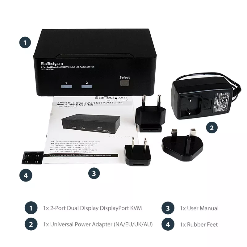 Comutador KVM USB StarTech.com 2 portas Dual DisplayPort com áudio e hub USB 2.0