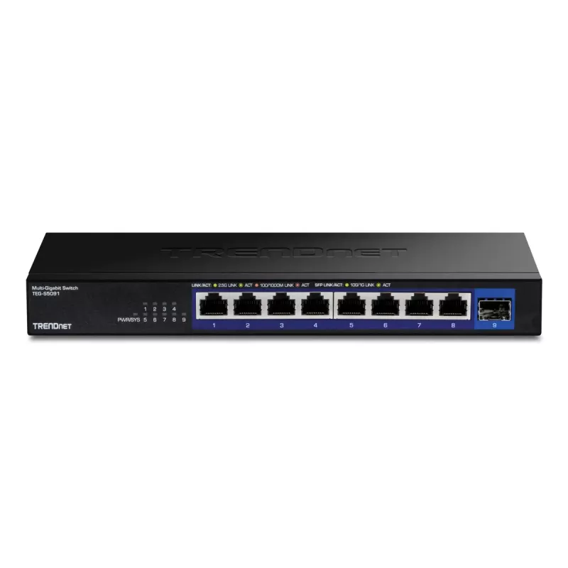 Switch de rede não gerido TRENDnet TEG-S5091 — 8 portas RJ-45 2.5G, 60 Gbit/s, 12V, para montagem na parede