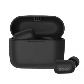 Auscultadores intra-auriculares sem fios SAVIO TWS-09 — Bluetooth 5.1, binaural, 20–20000 Hz, 8 h de conversação, powerbank, carregamento USB-C, Preto