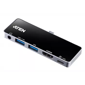Dock de viagem USB-C ATEN com passagem de corrente, Universal, USB Type-C, preto, prateado