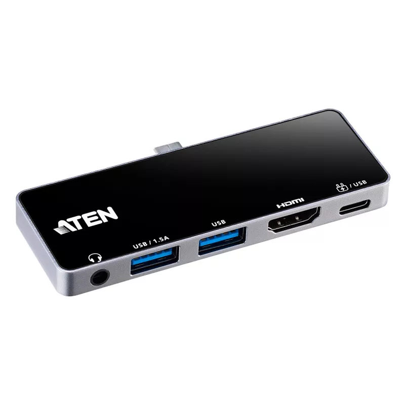 Dock de viagem USB-C ATEN com passagem de corrente, Universal, USB Type-C, preto, prateado
