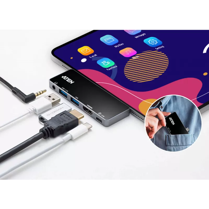 Dock de viagem USB-C ATEN com passagem de corrente, Universal, USB Type-C, preto, prateado
