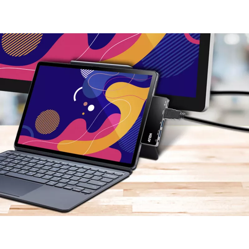 Dock de viagem USB-C ATEN com passagem de corrente, Universal, USB Type-C, preto, prateado