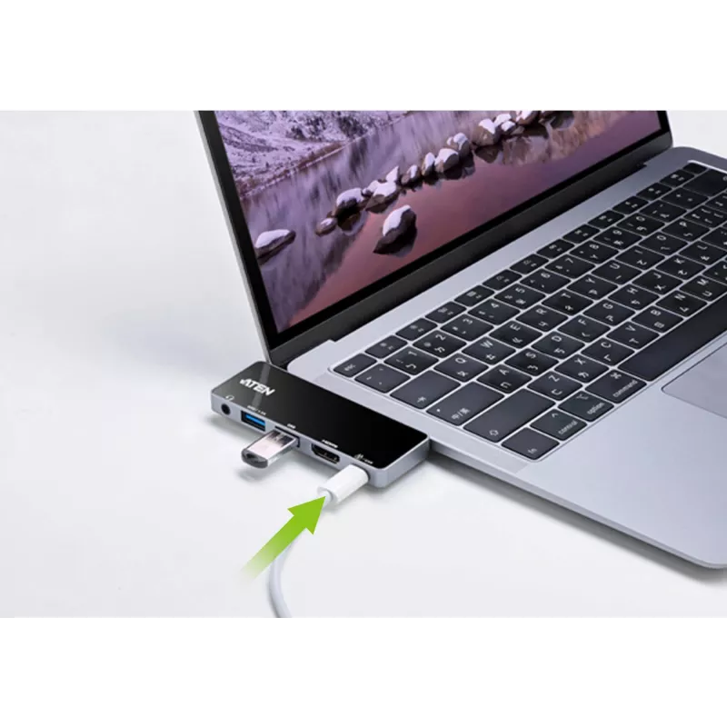 Dock de viagem USB-C ATEN com passagem de corrente, Universal, USB Type-C, preto, prateado