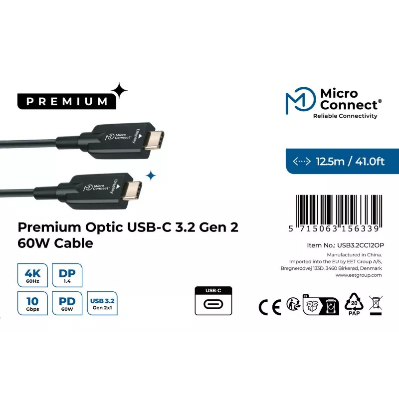 Cabo USB Microconnect USB3.2CC12OP USB 3.2 Gen 2 (3.1 Gen 2) 12,5 m USB-C preto