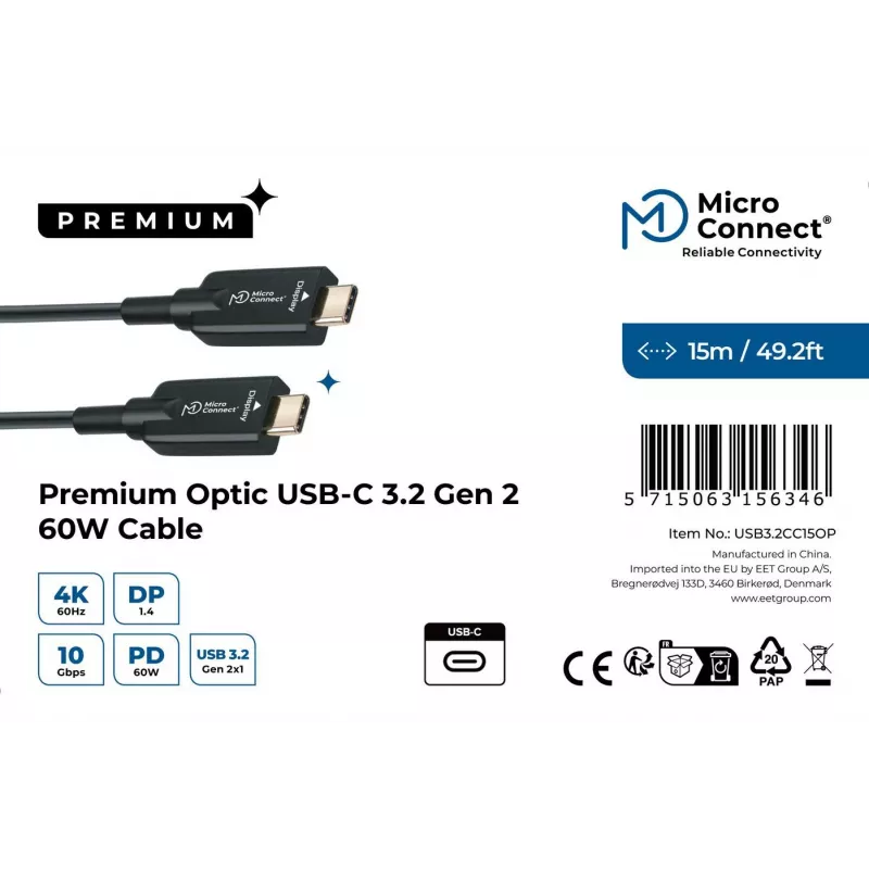 Cabo USB Microconnect USB3.2CC15OP 15 m USB-C preto 10 Gbit/s