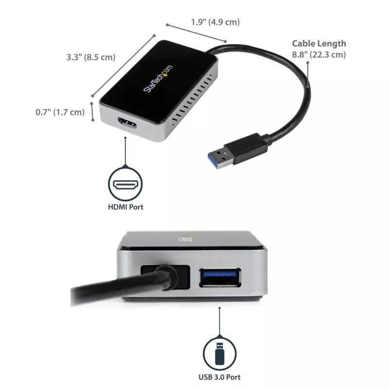 Adaptador StarTech.com USB 3.0 para HDMI com 1x USB, conversor USB para monitor HDMI para Windows (sem suporte para macOS/ChromeOS/Linux) - TAA