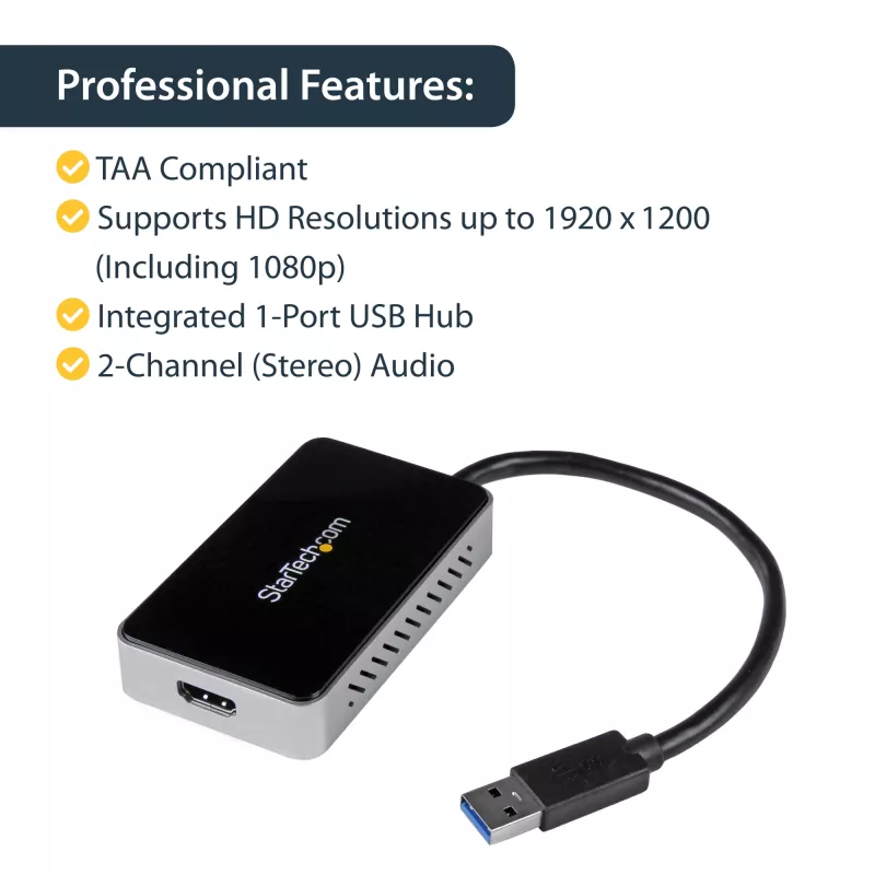 Adaptador StarTech.com USB 3.0 para HDMI com 1x USB, conversor USB para monitor HDMI para Windows (sem suporte para macOS/ChromeOS/Linux) - TAA