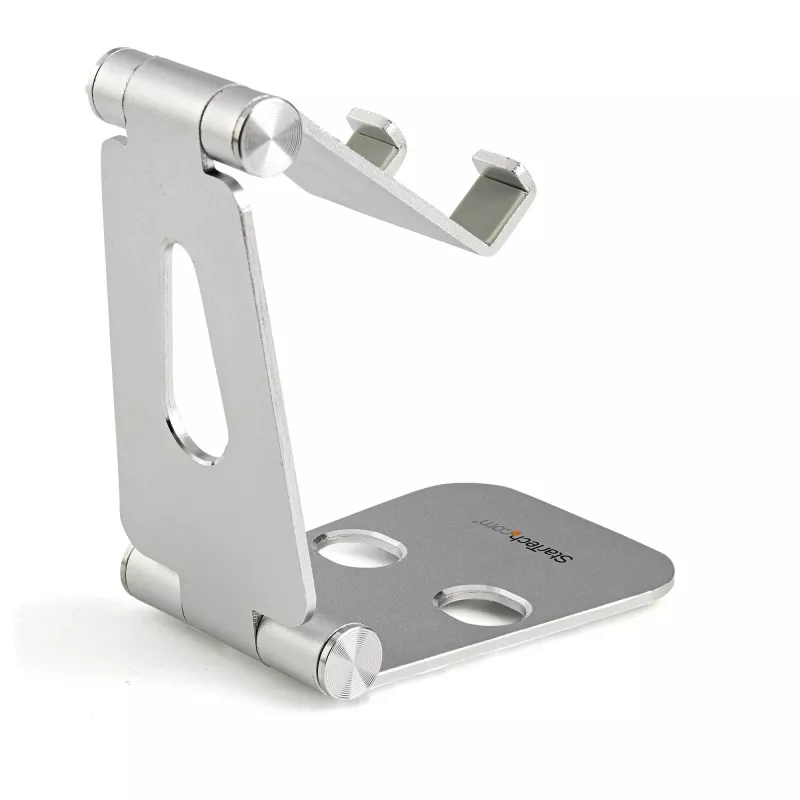 Suporte para telefone e tablet StarTech.com - Suporte universal dobrável para dispositivos móveis, para smartphones e tablets - Suporte ergonómico ajustável multi-ângulo para secretária - Portátil - prateado
